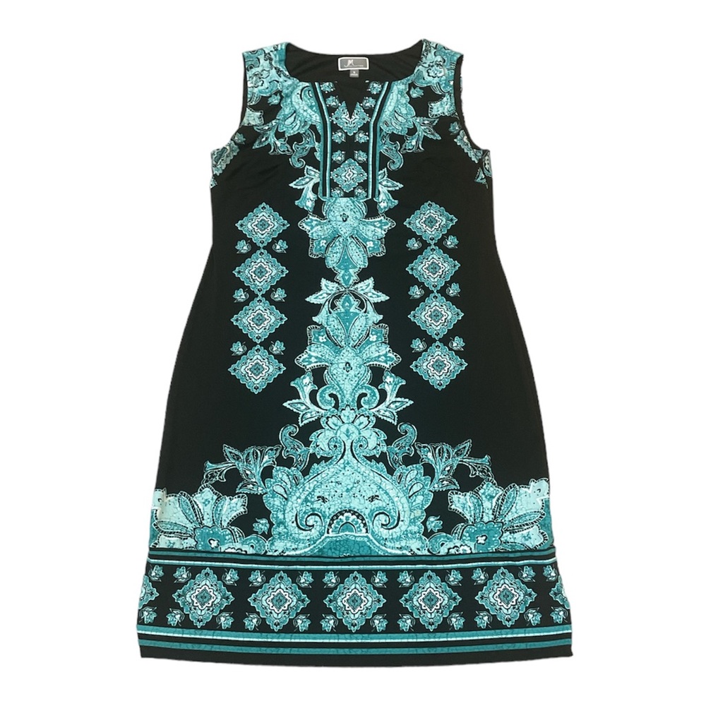 JM Collection Printed Sheath Dress Black Teal Rhinestone Size Small